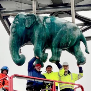 Die Bronzeskulptur eines Elefanten hängt an einem Gerüst. Vier Männer in einer Hebebühne freuen sich darüber.