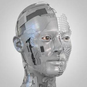 Ein Kopf, halb Mensch, halb Maschine, symbolisiert Künstliche Intelligenz. (KI).